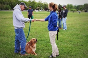Emily training owner and his dog Stephanie for obedience training outdoors